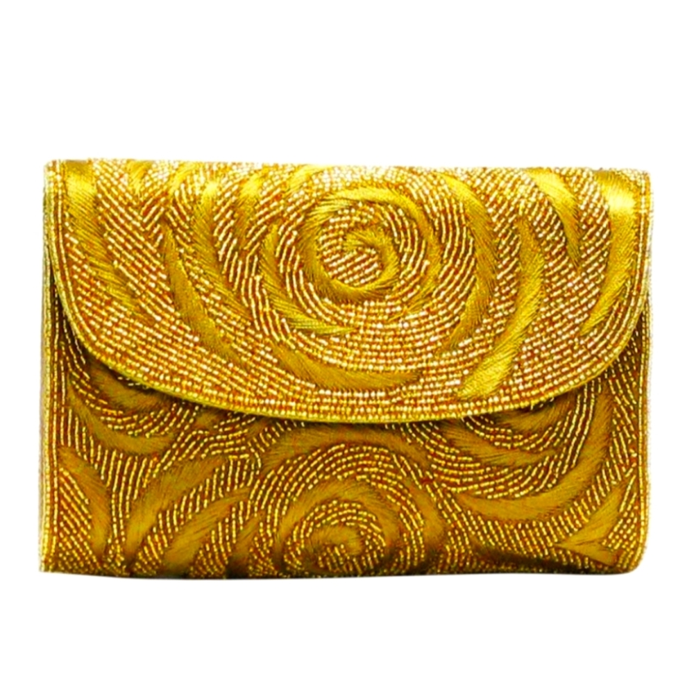 Gold beaded clutch with chain